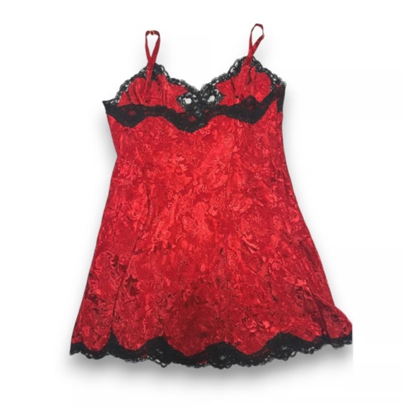 Vintage Victoria Secret Red Satin Jacquard Slip Dress Chemise Size Large Lace - Picture 2 of 6